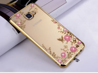 Луксозен силиконов гръб ТПУ ултратънък с 3D камъни и златист кант за Samsung Galaxy A5 2017 A520F розови цветя 